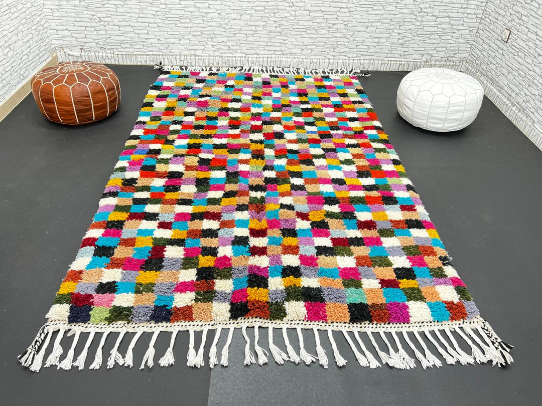Checkerboard Moroccan wool rug handmade in natural ivory with multicolor squares