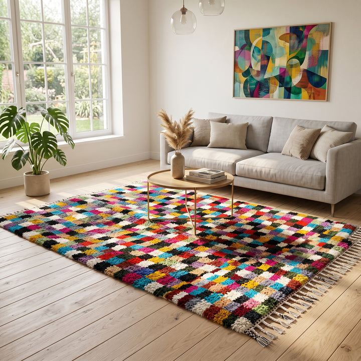 Checkerboard Moroccan wool rug handmade in natural ivory with multicolor squares