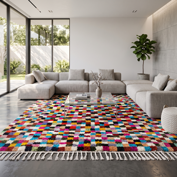Checkerboard Moroccan wool rug handmade in natural ivory with multicolor squares