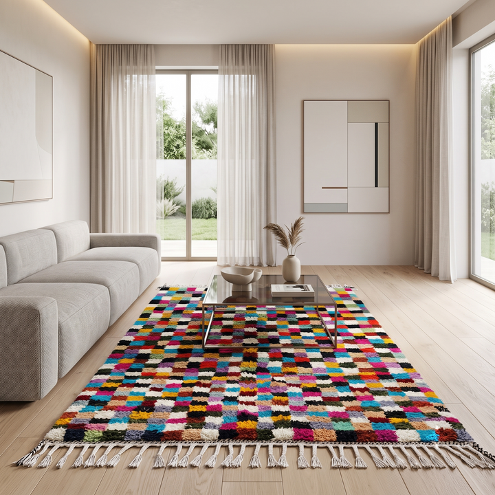 Checkerboard Moroccan wool rug handmade in natural ivory with multicolor squares