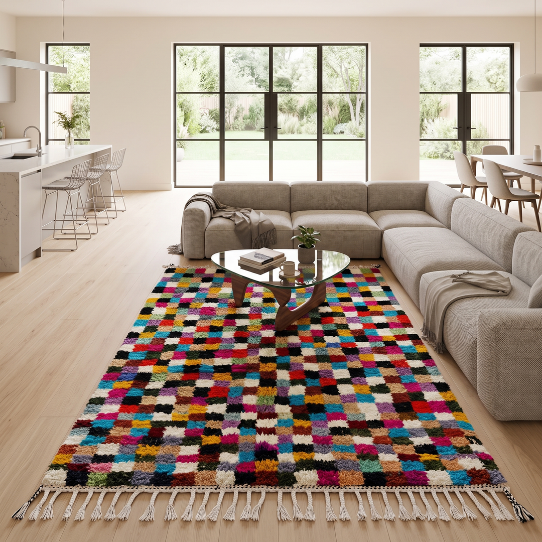 Checkerboard Moroccan wool rug handmade in natural ivory with multicolor squares