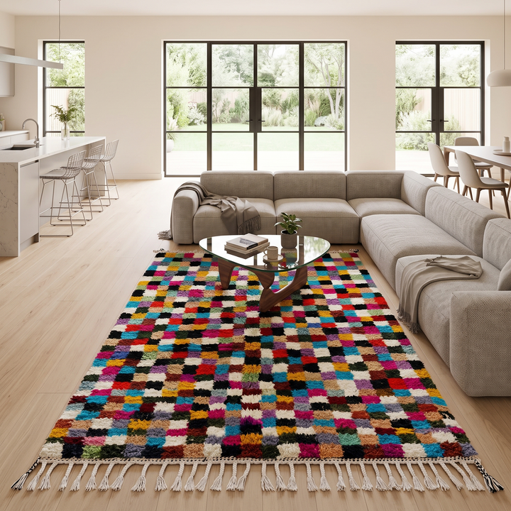 Checkerboard Moroccan wool rug handmade in natural ivory with multicolor squares