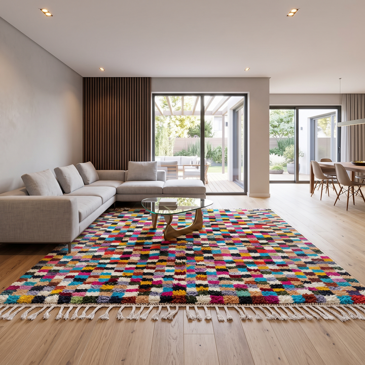 Checkerboard Moroccan wool rug handmade in natural ivory with multicolor squares
