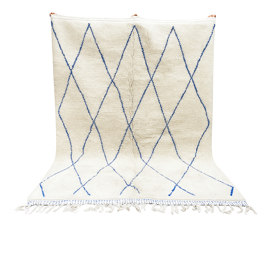 Ivory Moroccan wool rug with cobalt blue diamond lattice handmade by Berber artisans