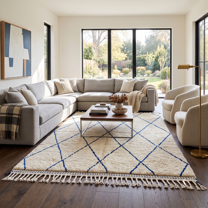 Ivory Moroccan wool rug with cobalt blue diamond lattice handmade by Berber artisans