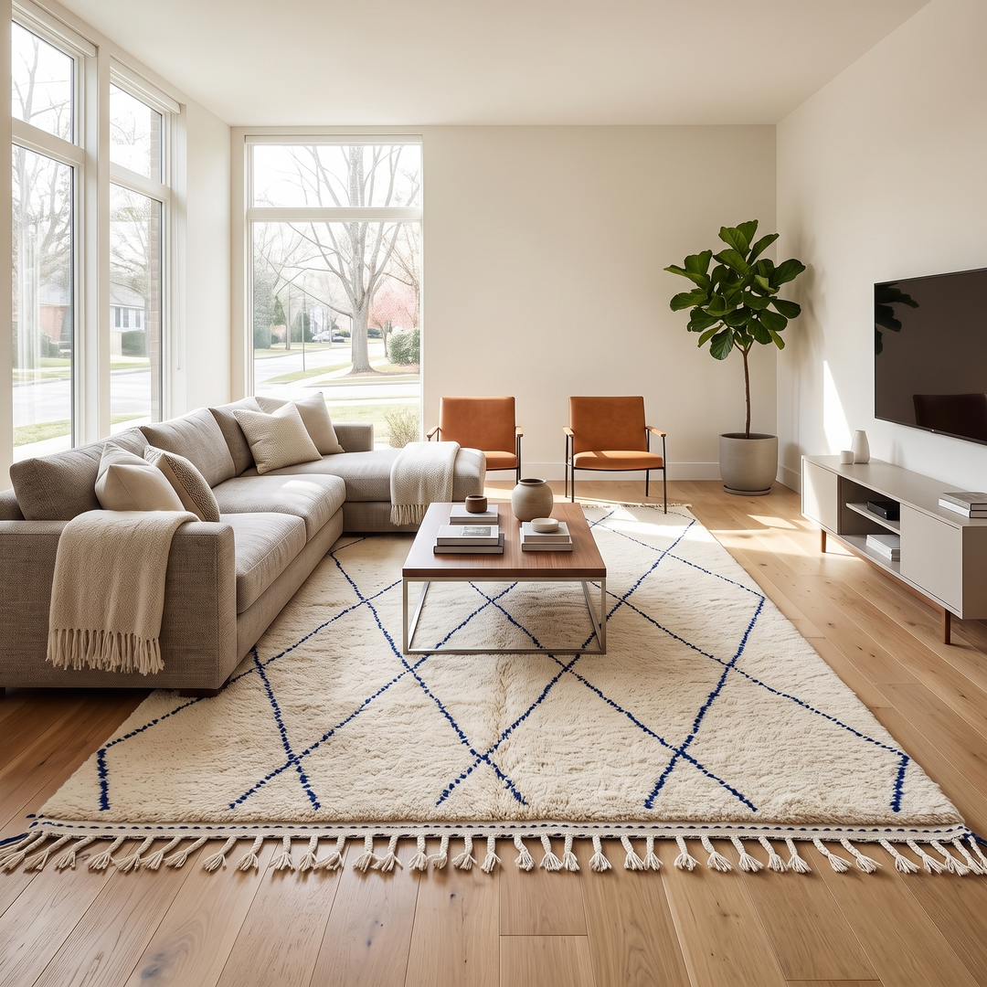 Ivory Moroccan wool rug with cobalt blue diamond lattice handmade by Berber artisans