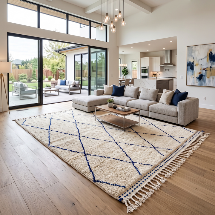 Ivory Moroccan wool rug with cobalt blue diamond lattice handmade by Berber artisans