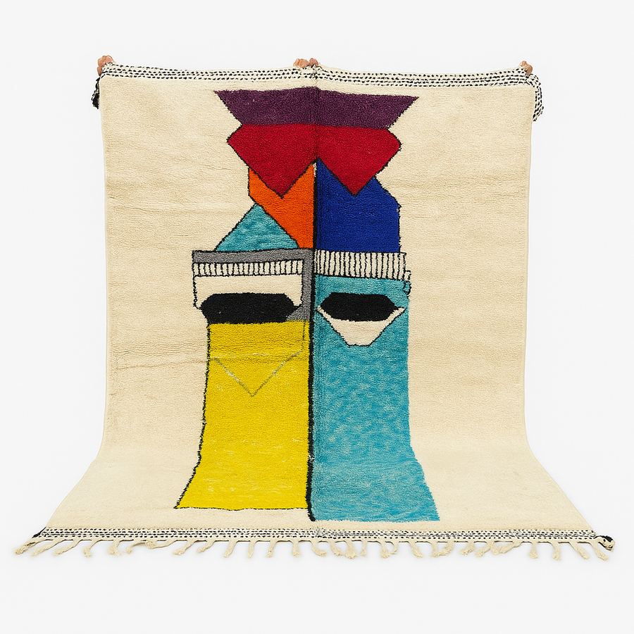 Handwoven Moroccan wool rug with bold geometric color blocks in blue, yellow, and red