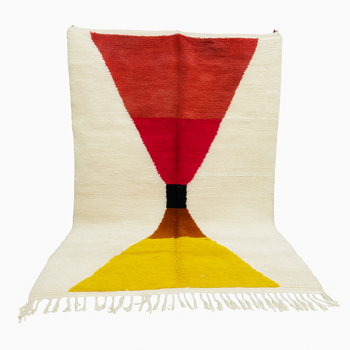Handmade Moroccan wool rug in red, pink, mustard yellow, and cream – geometric Berber design