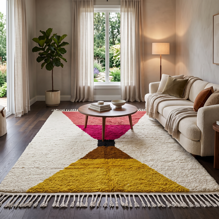 Handmade Moroccan wool rug in red, pink, mustard yellow, and cream – geometric Berber design
