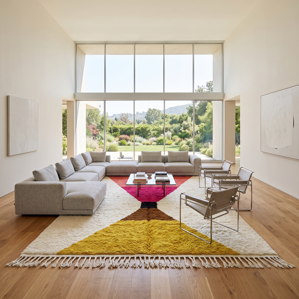 Handmade Moroccan wool rug in red, pink, mustard yellow, and cream – geometric Berber design
