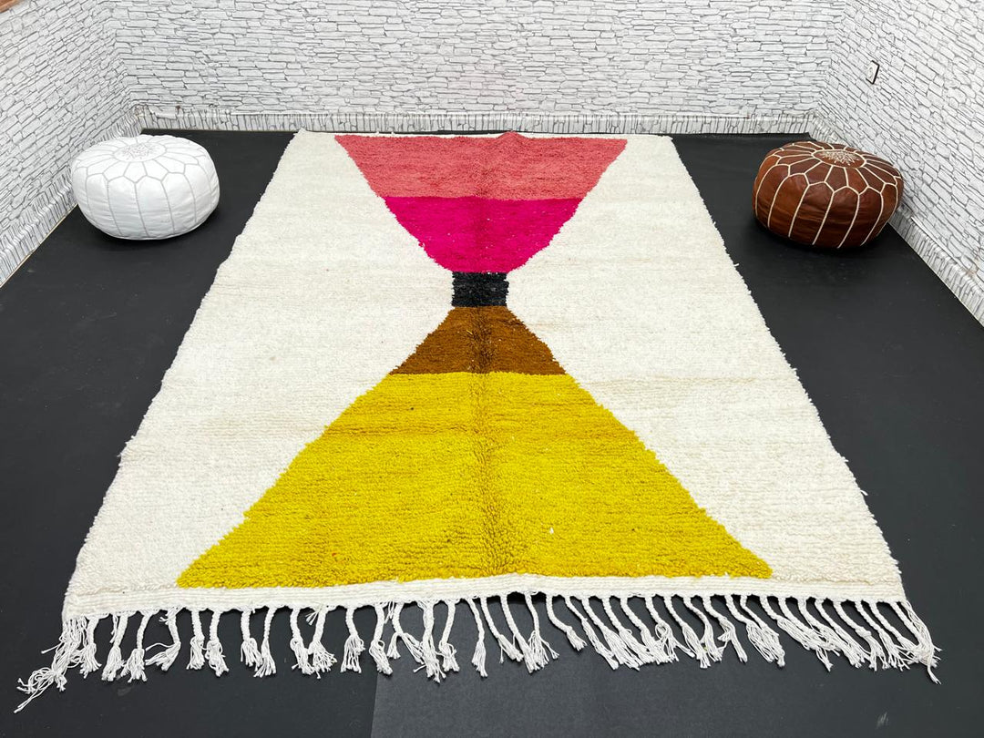 Handmade Moroccan wool rug in red, pink, mustard yellow, and cream – geometric Berber design