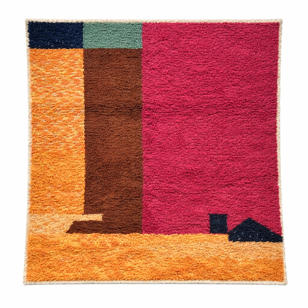 Modern handmade Moroccan wool rug with bold color-block design. Thick shag texture, artistic style, and ethically crafted in Morocco.