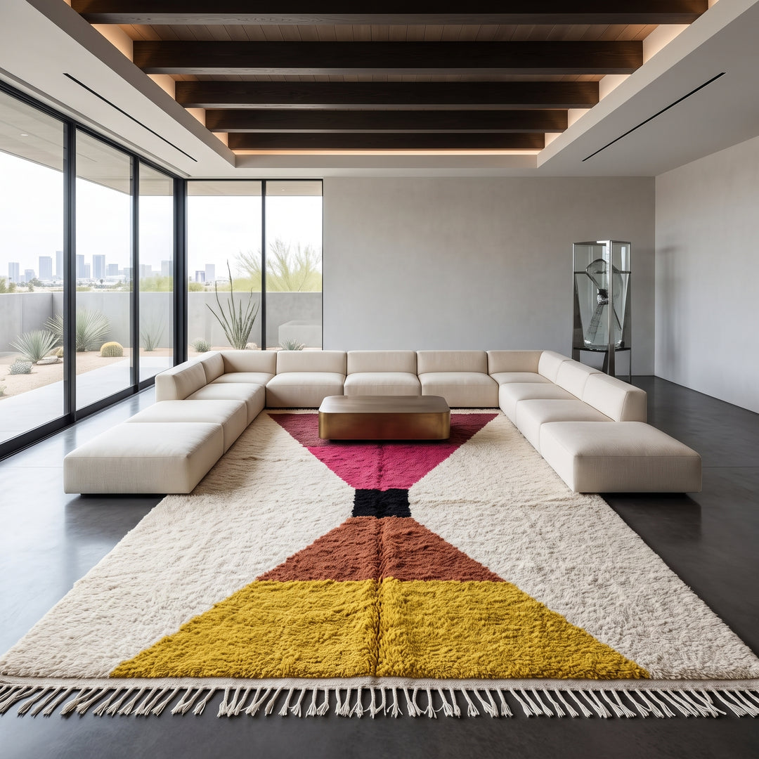 Handmade Moroccan wool rug in red, pink, mustard yellow, and cream – geometric Berber design
