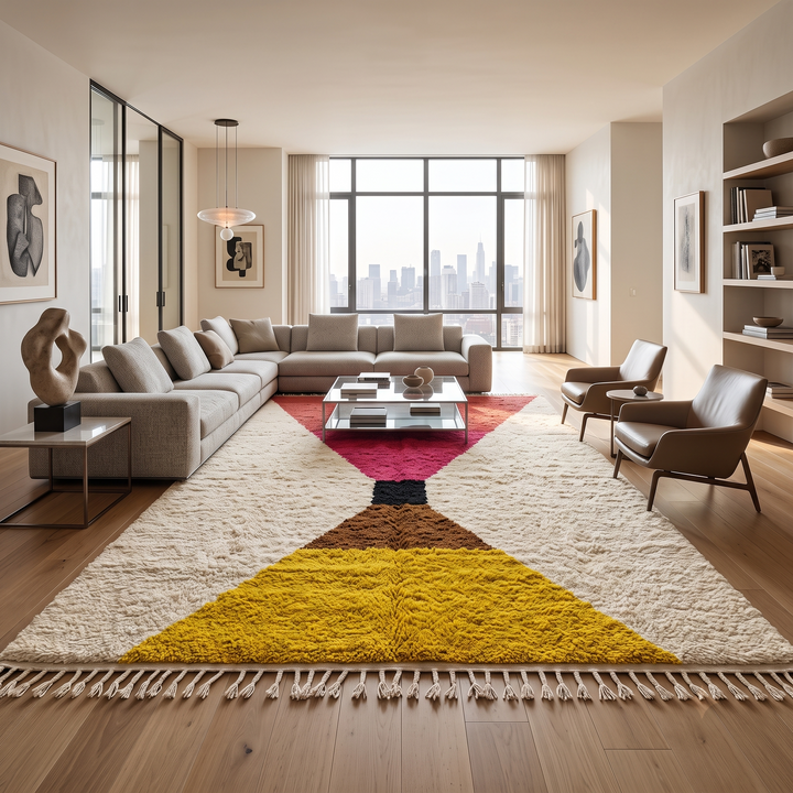 Handmade Moroccan wool rug in red, pink, mustard yellow, and cream – geometric Berber design
