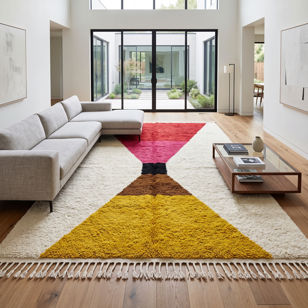 Handmade Moroccan wool rug in red, pink, mustard yellow, and cream – geometric Berber design
