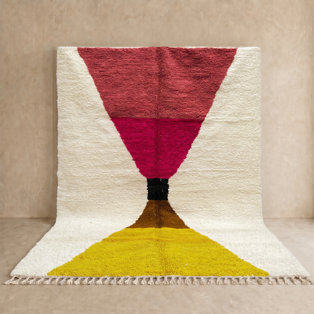 Handmade Moroccan wool rug in red, pink, mustard yellow, and cream – geometric Berber design
