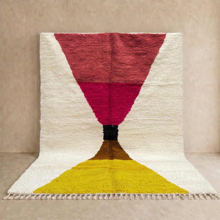 Handmade Moroccan wool rug in red, pink, mustard yellow, and cream – geometric Berber design
