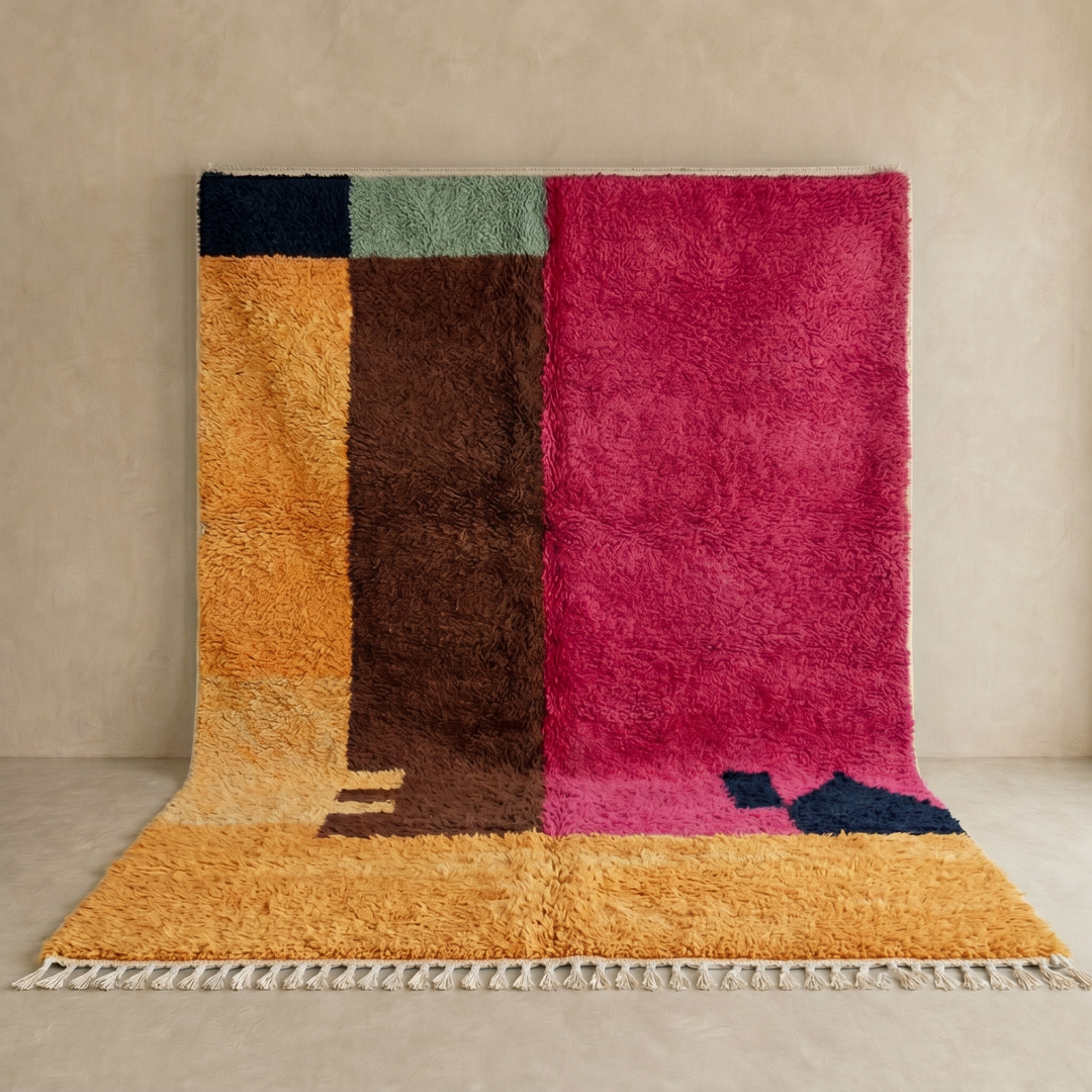 Modern handmade Moroccan wool rug with bold color-block design. Thick shag texture, artistic style, and ethically crafted in Morocco.