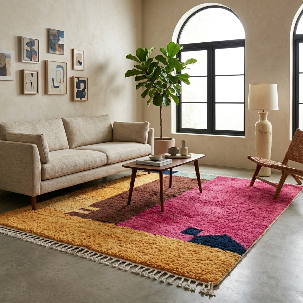 Modern handmade Moroccan wool rug with bold color-block design. Thick shag texture, artistic style, and ethically crafted in Morocco.