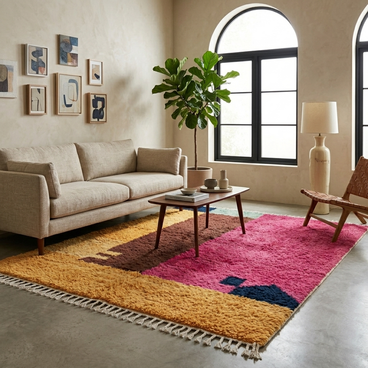 Modern handmade Moroccan wool rug with bold color-block design. Thick shag texture, artistic style, and ethically crafted in Morocco.
