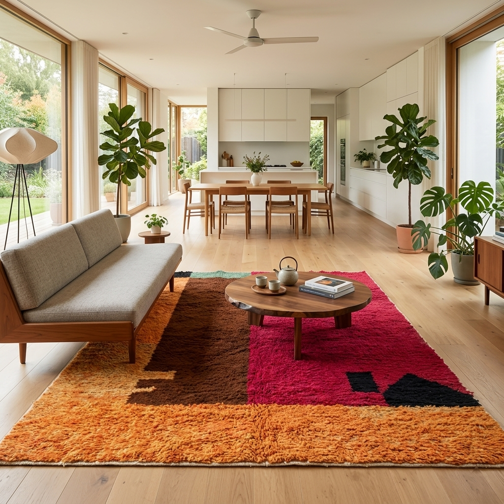 Modern handmade Moroccan wool rug with bold color-block design. Thick shag texture, artistic style, and ethically crafted in Morocco.