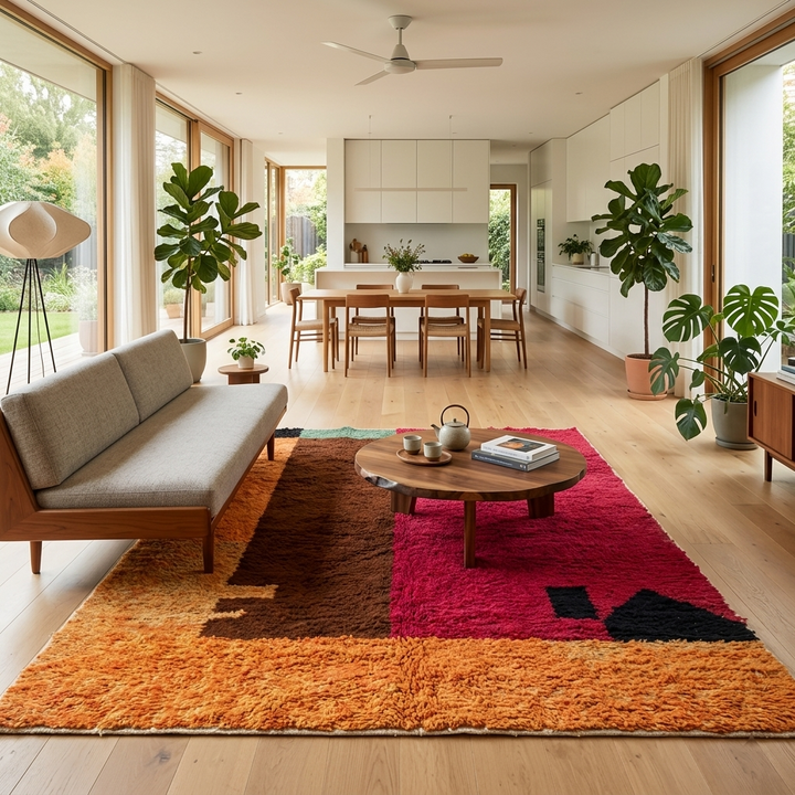 Modern handmade Moroccan wool rug with bold color-block design. Thick shag texture, artistic style, and ethically crafted in Morocco.