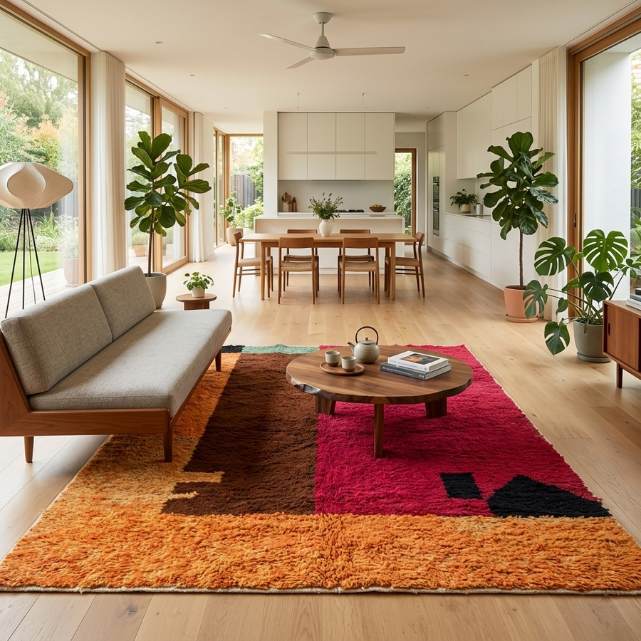 Modern handmade Moroccan wool rug with bold color-block design. Thick shag texture, artistic style, and ethically crafted in Morocco.