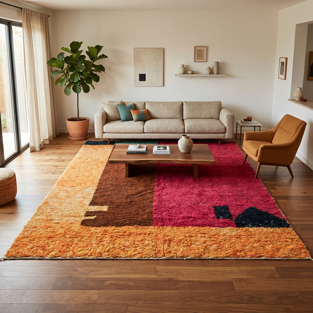 Modern handmade Moroccan wool rug with bold color-block design. Thick shag texture, artistic style, and ethically crafted in Morocco.