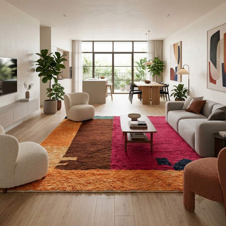 Modern handmade Moroccan wool rug with bold color-block design. Thick shag texture, artistic style, and ethically crafted in Morocco.
