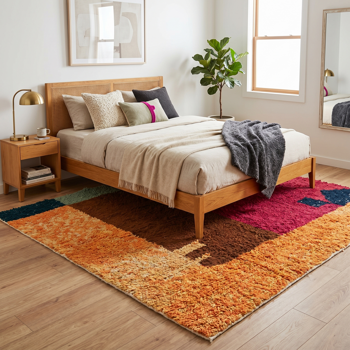 Modern handmade Moroccan wool rug with bold color-block design. Thick shag texture, artistic style, and ethically crafted in Morocco.
