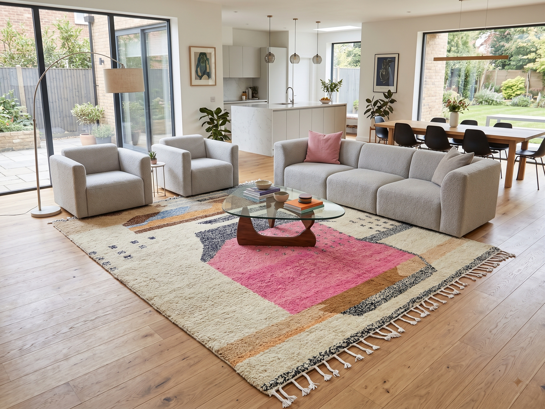 Modern Moroccan abstract wool rug in pink blue and sand tones