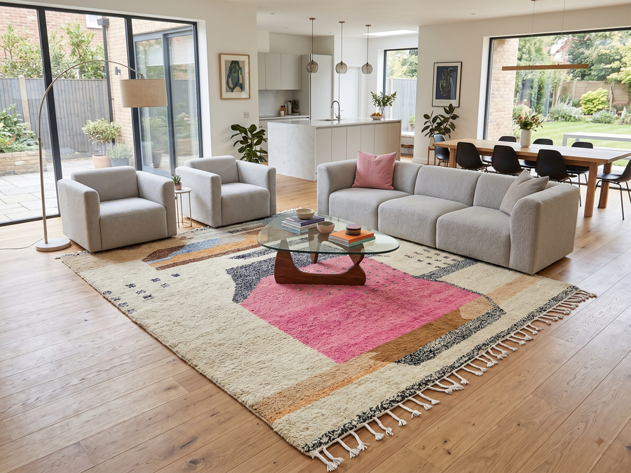 Modern Moroccan abstract wool rug in pink blue and sand tones