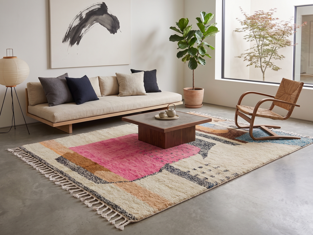 Modern Moroccan abstract wool rug in pink blue and sand tones