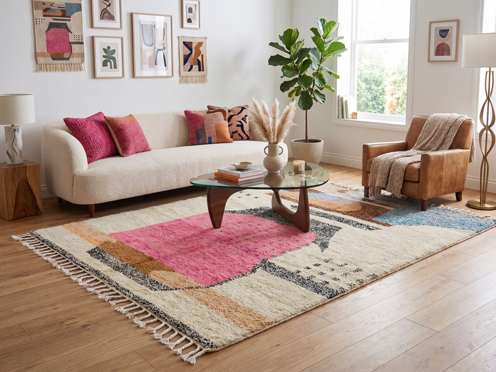 Modern Moroccan abstract wool rug in pink blue and sand tones