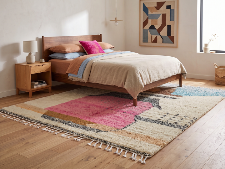 Modern Moroccan abstract wool rug in pink blue and sand tones