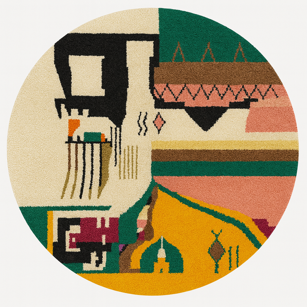 Colorful abstract Moroccan round rug with mustard, green, pink, and black geometric art pattern.