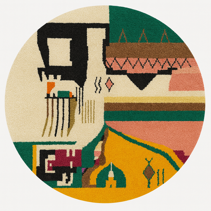 Colorful abstract Moroccan round rug with mustard, green, pink, and black geometric art pattern.