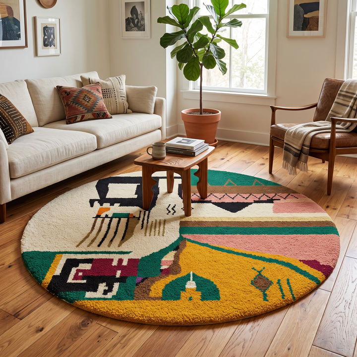 Colorful abstract Moroccan round rug with mustard, green, pink, and black geometric art pattern.