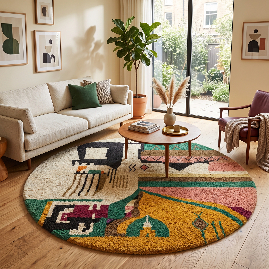 Colorful abstract Moroccan round rug with mustard, green, pink, and black geometric art pattern.