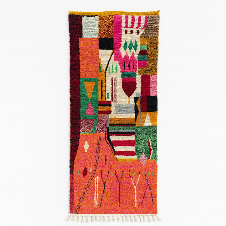 Handmade colorful Moroccan runner rug with abstract geometric design in orange, pink, green, and earthy tones, crafted from natural wool by Berber artisans.
