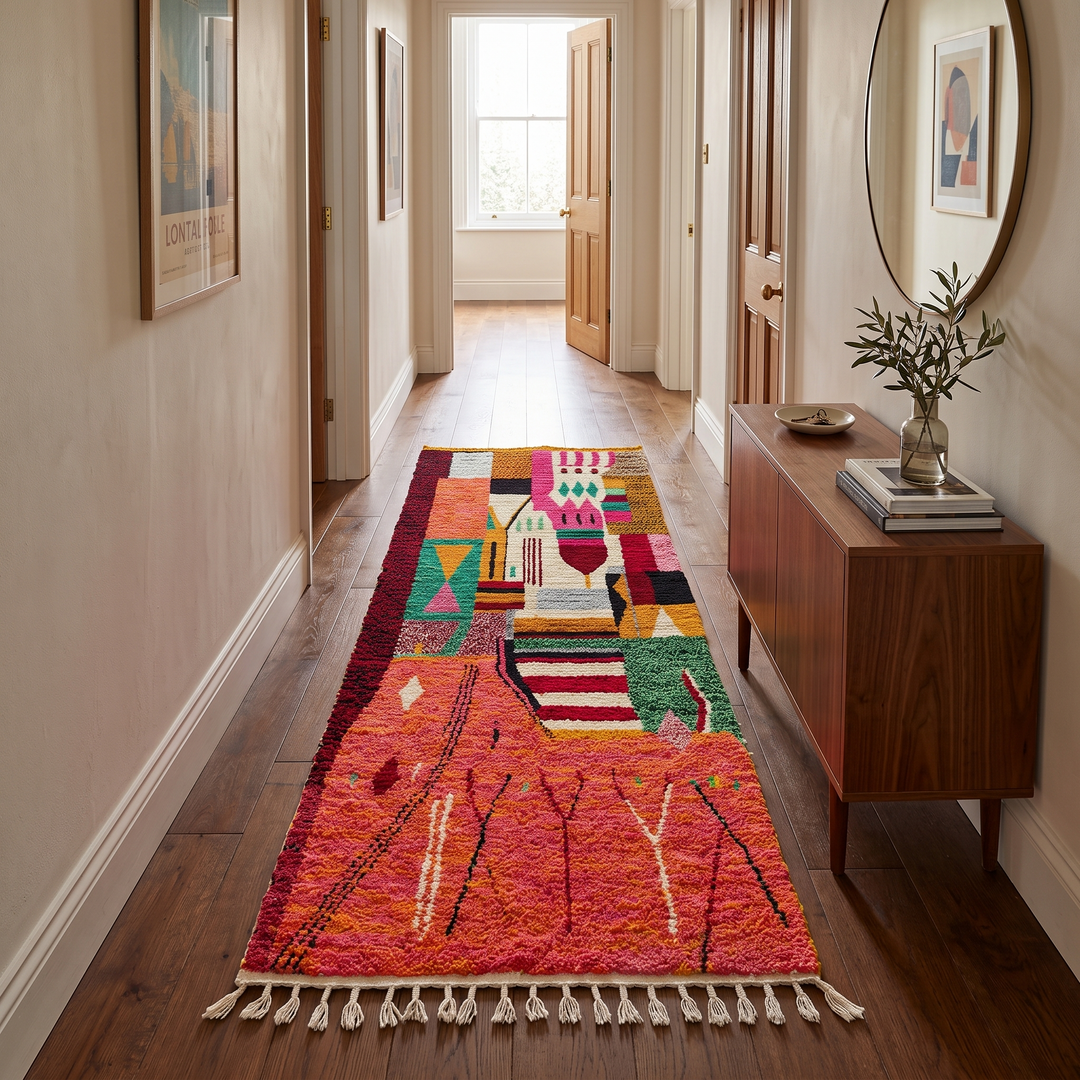 Handmade colorful Moroccan runner rug with abstract geometric design in orange, pink, green, and earthy tones, crafted from natural wool by Berber artisans.