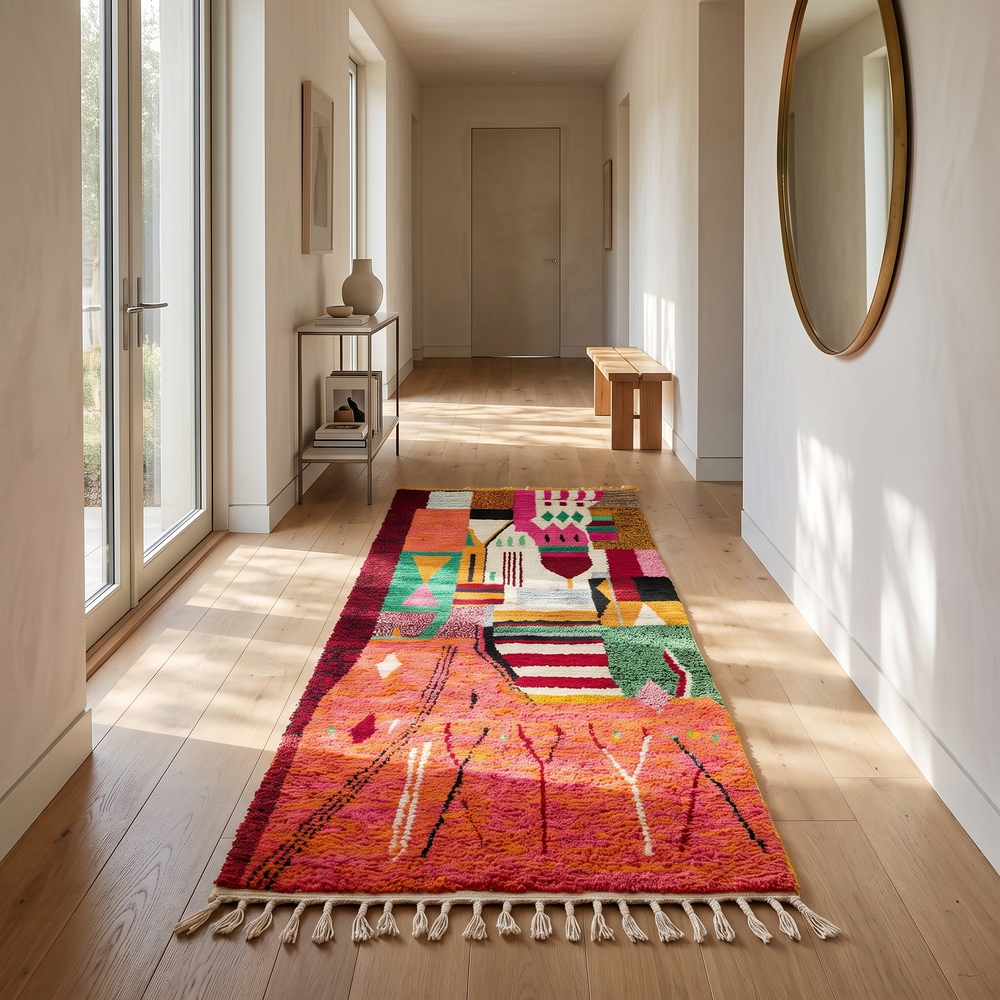 Handmade colorful Moroccan runner rug with abstract geometric design in orange, pink, green, and earthy tones, crafted from natural wool by Berber artisans.