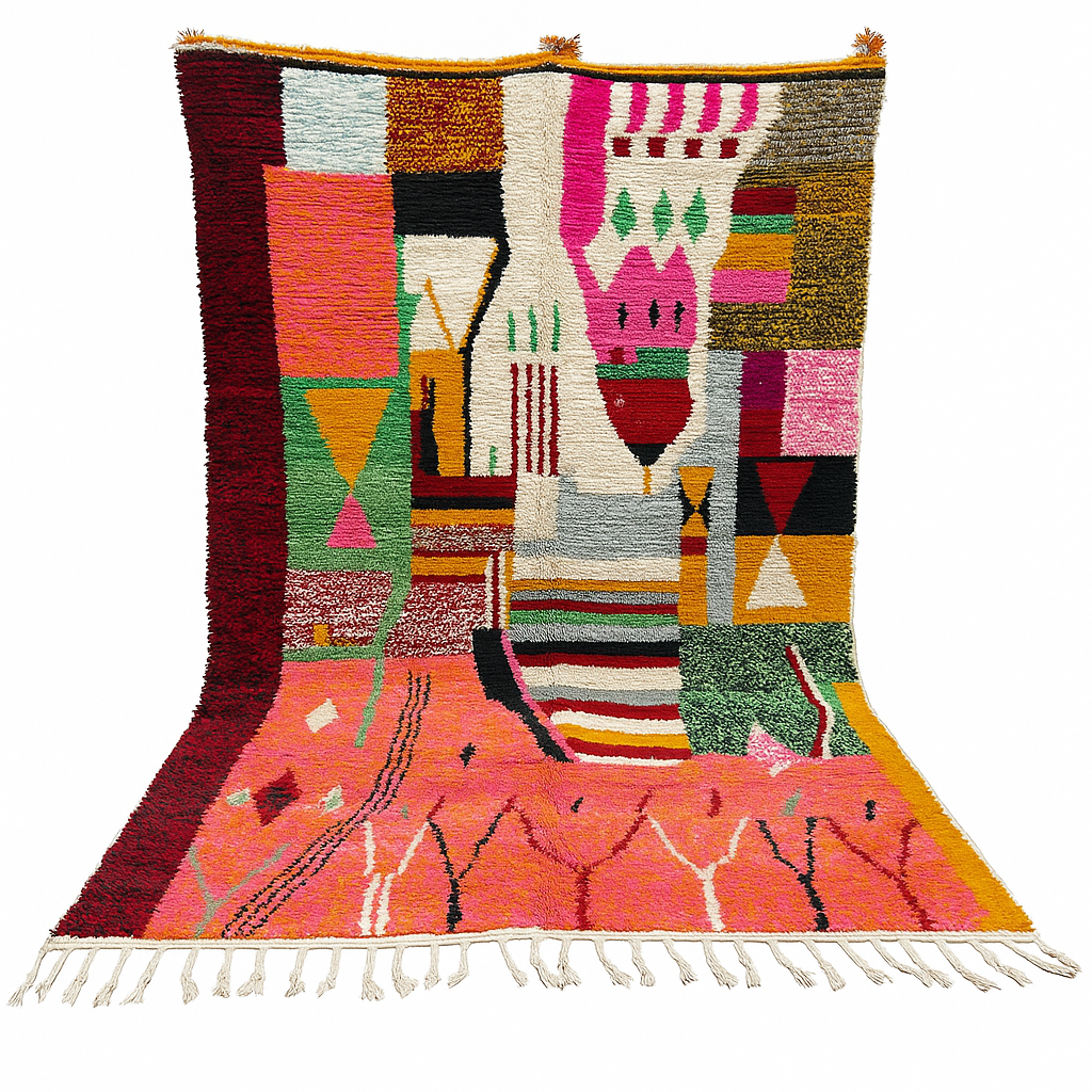 Colorful Moroccan wool rug handmade with coral pink, green, and mustard geometric patterns