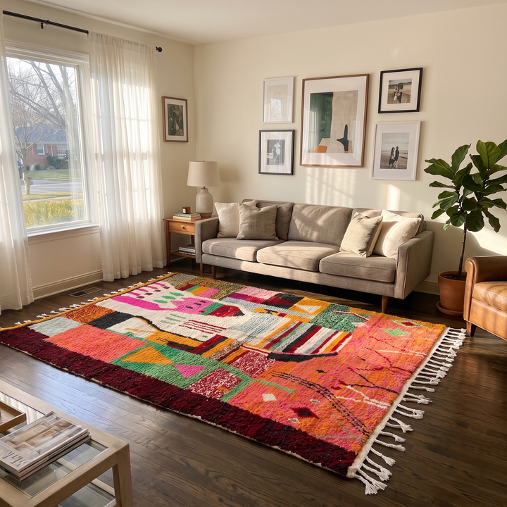 Colorful handmade Moroccan wool rug with abstract Berber motifs, geometric patterns, vibrant pink tones and ivory tassel fringe.
