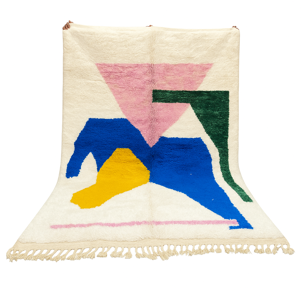 Colorful abstract Moroccan wool rug with pink, blue, yellow, and green geometric design