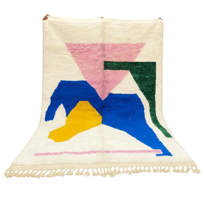 Colorful abstract Moroccan wool rug with pink, blue, yellow, and green geometric design
