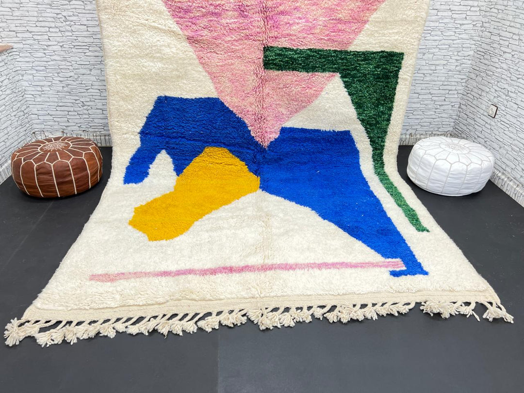Colorful abstract Moroccan wool rug with pink, blue, yellow, and green geometric design