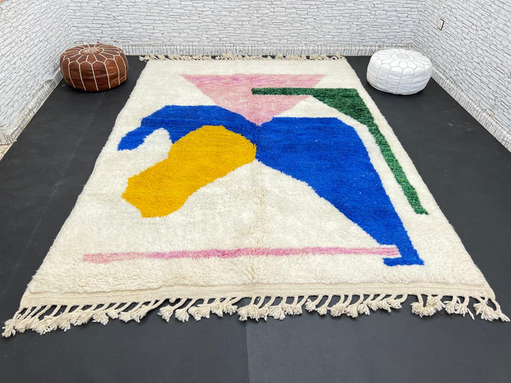 Colorful abstract Moroccan wool rug with pink, blue, yellow, and green geometric design