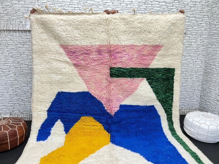 Colorful abstract Moroccan wool rug with pink, blue, yellow, and green geometric design